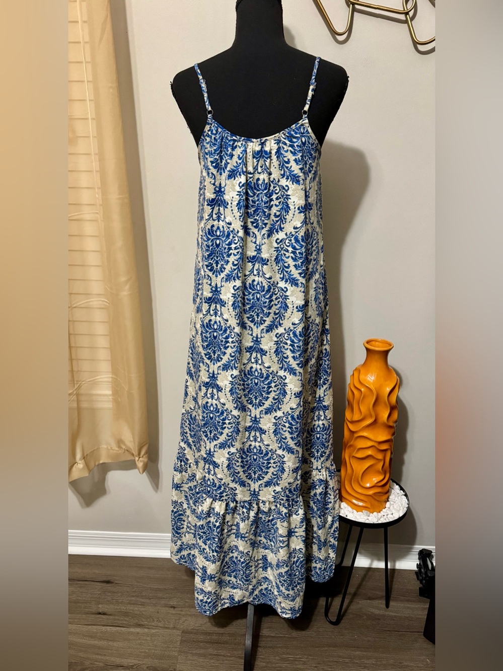 Blue and Cream Printed Spaghetti-Strap Maxi Dress by